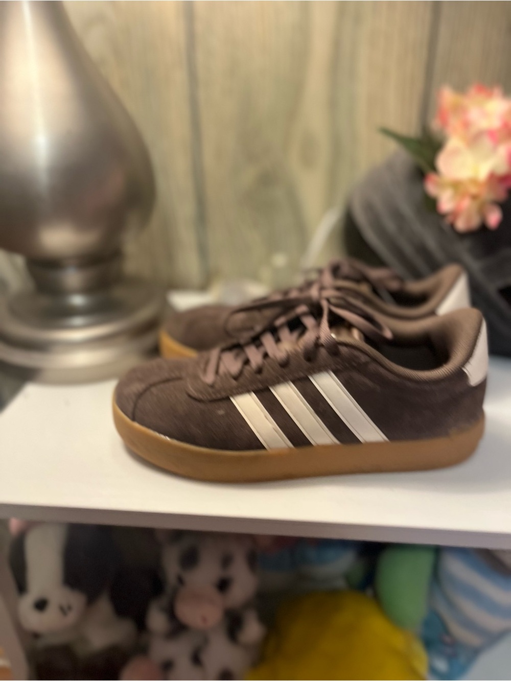 adidas Kids Brown Suede Sneakers with White Stripes and Gum Sole - Picture 3 of 5